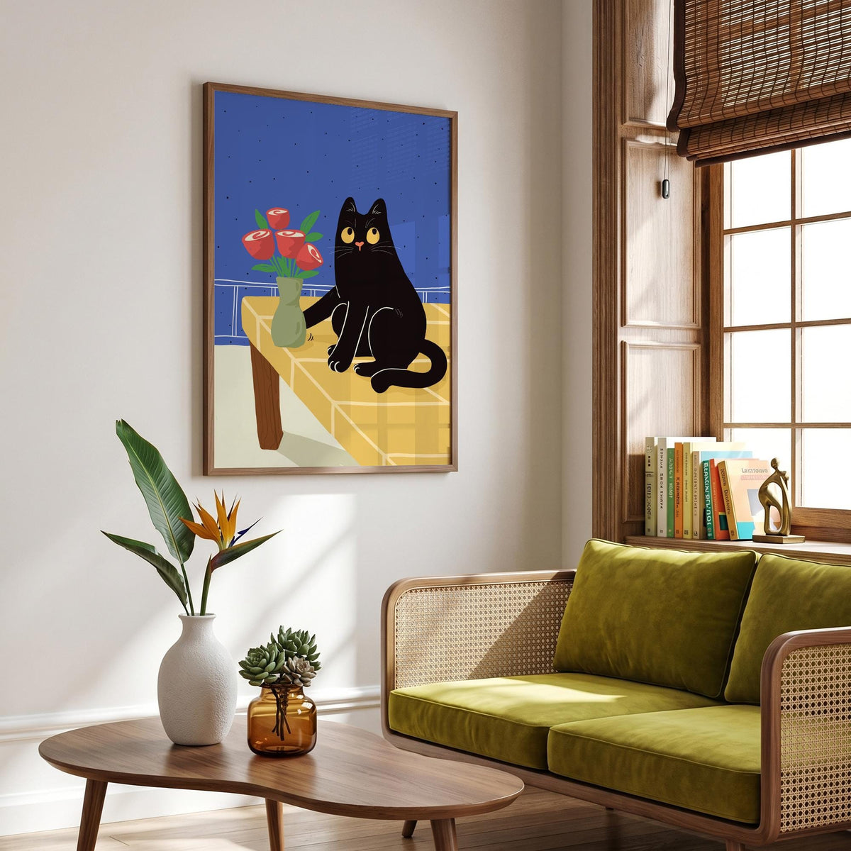 May include: A framed art print featuring a black cat with yellow eyes, sitting on a yellow table with a vase of red roses. The background is blue, and the artwork is in a room with a green sofa and wooden furniture.