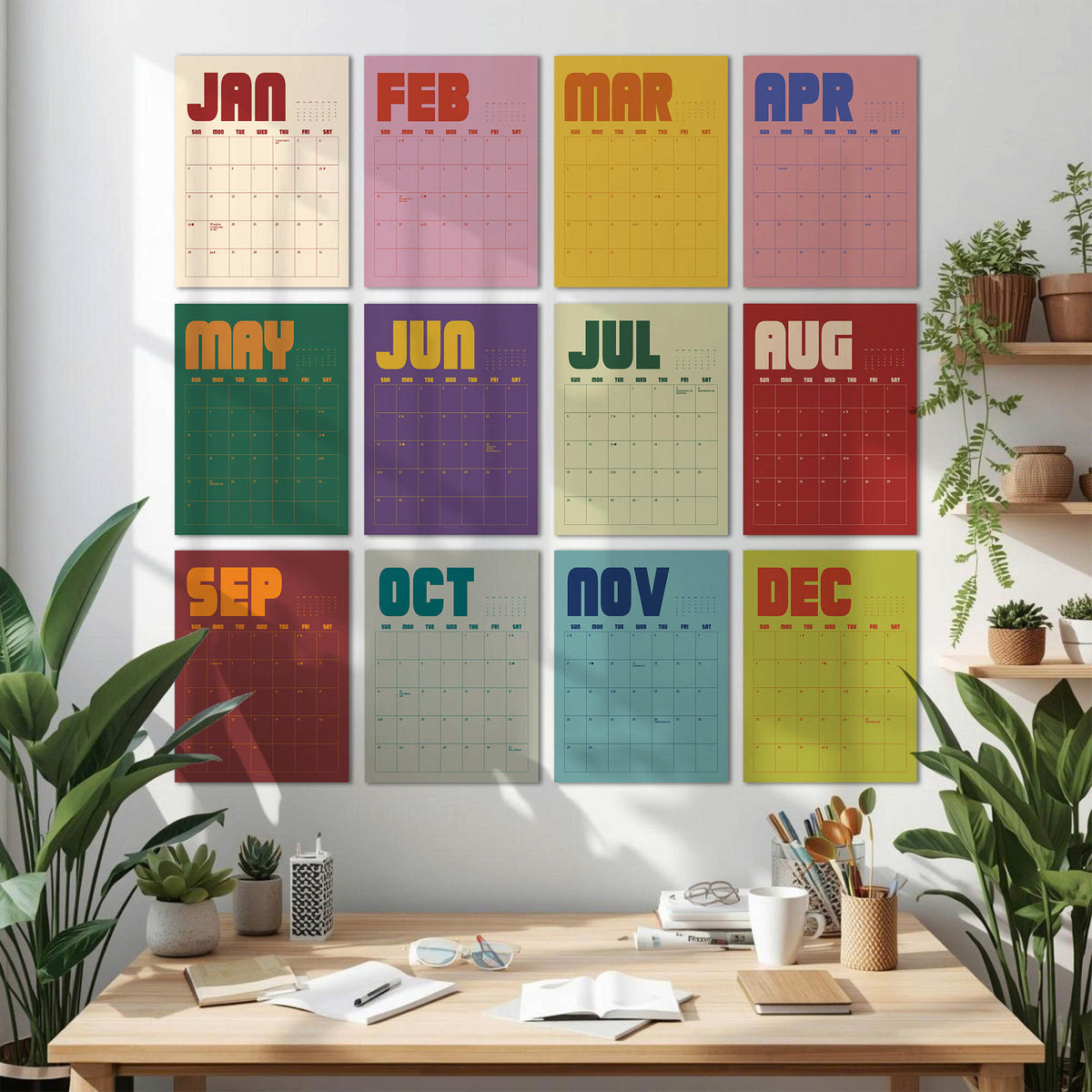Twelve monthly calendar pages in solid saturated colours - cream, pink, yellow, green, purple, red, grey and chartreuse - hung four across on a white wall above a wooden desk with a mug, glasses and houseplants