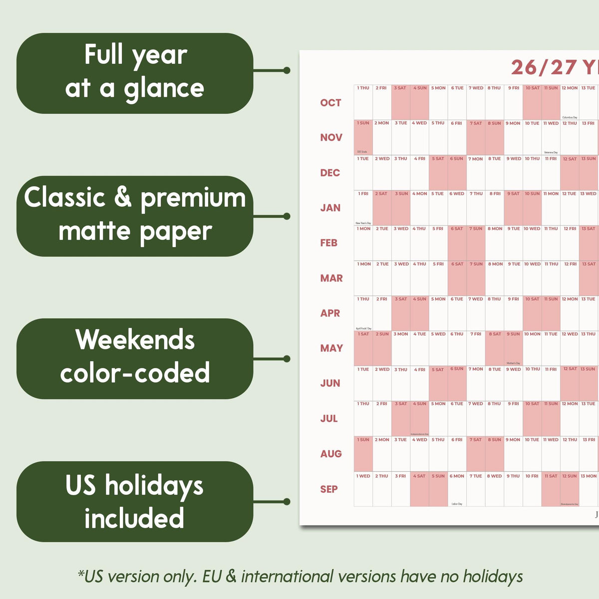 May include: A 26/27 year wall calendar featuring a full year at a glance, classic and premium matte paper, and color-coded weekends. The calendar includes US holidays and displays months from October to September in a grid with pink highlights.