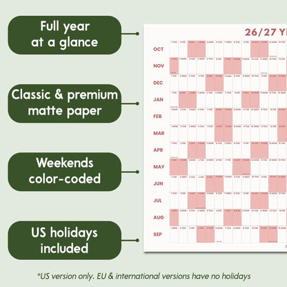 May include: A 26/27 year wall calendar featuring a full year at a glance, classic and premium matte paper, and color-coded weekends. The calendar includes US holidays and displays months from October to September in a grid with pink highlights.