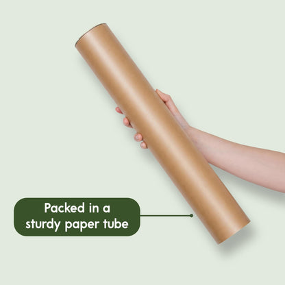 May include: A cylindrical brown paper tube used for shipping or storage. The tube has a smooth, matte finish and a solid, opaque construction. A dark green rectangular label with white text reads, Packed in a sturdy paper tube.