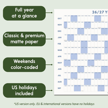 May include: A 26/27 year wall calendar printed on matte paper. The calendar displays a full year at a glance with months listed vertically from October to September. Weekends are highlighted in light blue, and US holidays are included.