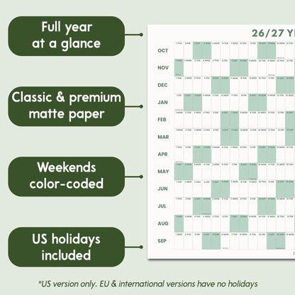 May include: A 26/27 year wall calendar featuring a full year at a glance layout on matte paper. The grid displays months from October to September with weekends color-coded in light green. US holidays are included in this specific version.
