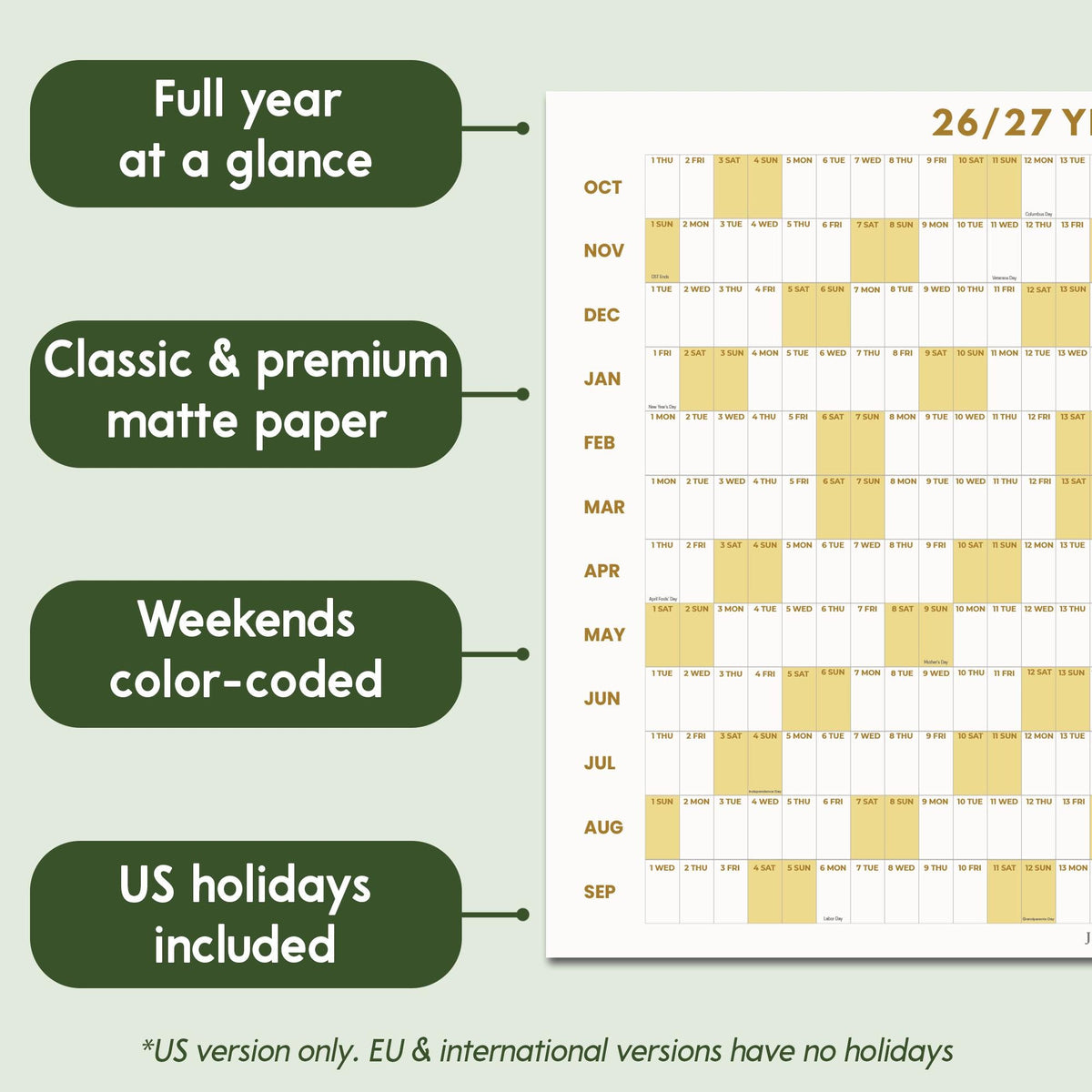 May include: A 26/27 year wall calendar featuring a full year at a glance, classic matte paper, and color-coded weekends. The grid displays months from October to September with US holidays included, presented in a clear, organized layout.