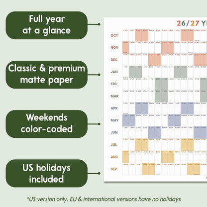 May include: A 26/27 year wall calendar featuring a full year at a glance layout on matte paper. The grid displays months from October to September with color-coded weekends and US holidays included. The design uses a grid format with text.