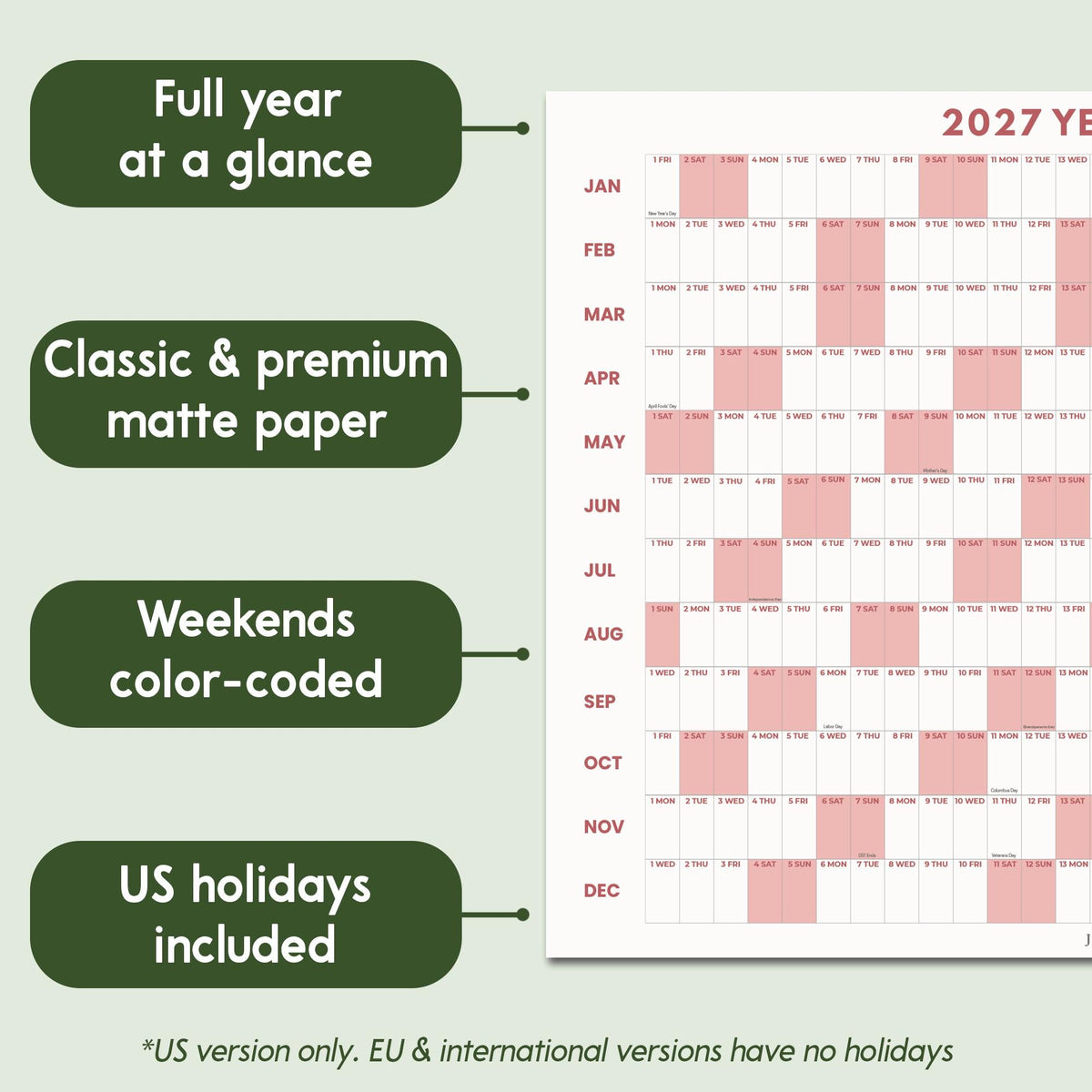 May include: A 2027 wall calendar featuring a full year at a glance on matte paper. The grid displays months from January to December with weekends color-coded in light pink. US holidays are included in the grid. The text reads 2027 YEAR.