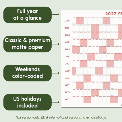 May include: A 2027 wall calendar featuring a full year at a glance on matte paper. The grid displays months from January to December with weekends color-coded in light pink. US holidays are included in the grid. The text reads 2027 YEAR.