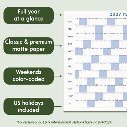 May include: A 2027 wall calendar featuring a full year at a glance layout. The grid displays months from January to December with days of the week. Weekends are highlighted in light blue, and the design includes US holidays. The text reads 2027 YEAR.