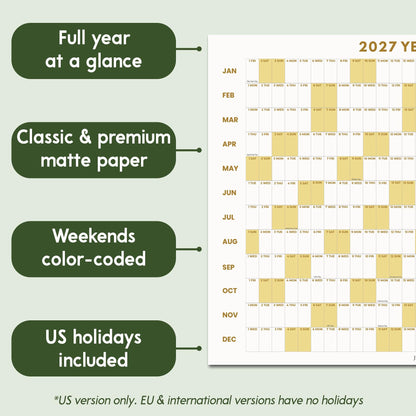 May include: A 2027 wall calendar featuring a full year at a glance on matte paper. The grid displays months from January to December with weekends color-coded in yellow. US holidays are included in the grid. Text labels highlight features.