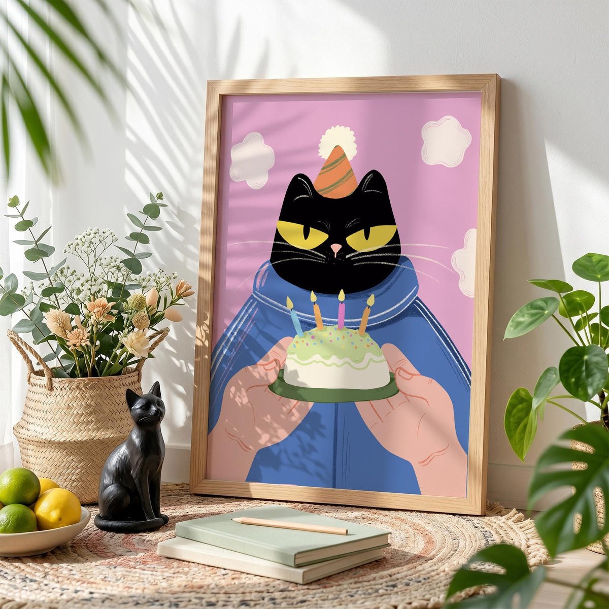 May include: A framed art print featuring a black cat wearing a party hat and holding a birthday cake with lit candles. The cat is set against a pink background with white cloud shapes. The print is in a wooden frame.