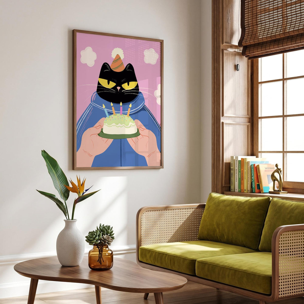 May include: A framed art print featuring a black cat wearing a party hat and blue jacket, holding a birthday cake with lit candles. The background is pink with white cloud shapes. The artwork is displayed in a room with a green sofa and wooden furniture.