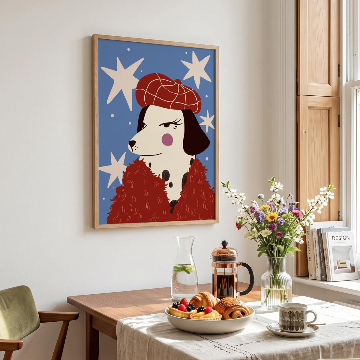 May include: A framed art print featuring a Dalmatian dog wearing a red beret and a red fluffy scarf against a blue background with white star shapes. The dog has black spots and a pink cheek.
