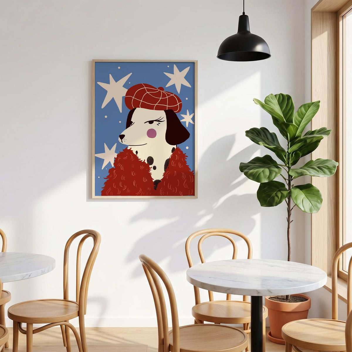 May include: A framed art print featuring a stylized dog wearing a red beret and a red fluffy coat against a blue background with white star shapes. The dog has black spots and a stern expression. The artwork has a whimsical, illustrative style.
