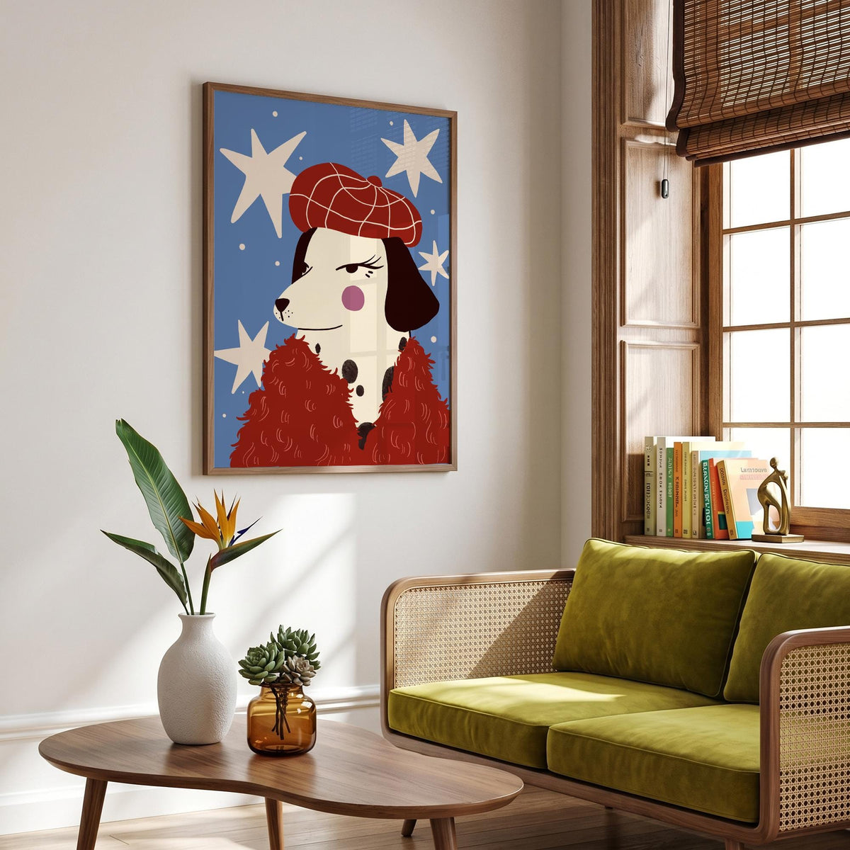 May include: A framed art print featuring a stylish Dalmatian dog wearing a red beret and a red fluffy coat, set against a blue background with white stars. The artwork has a whimsical, illustrated style, perfect for home decor.