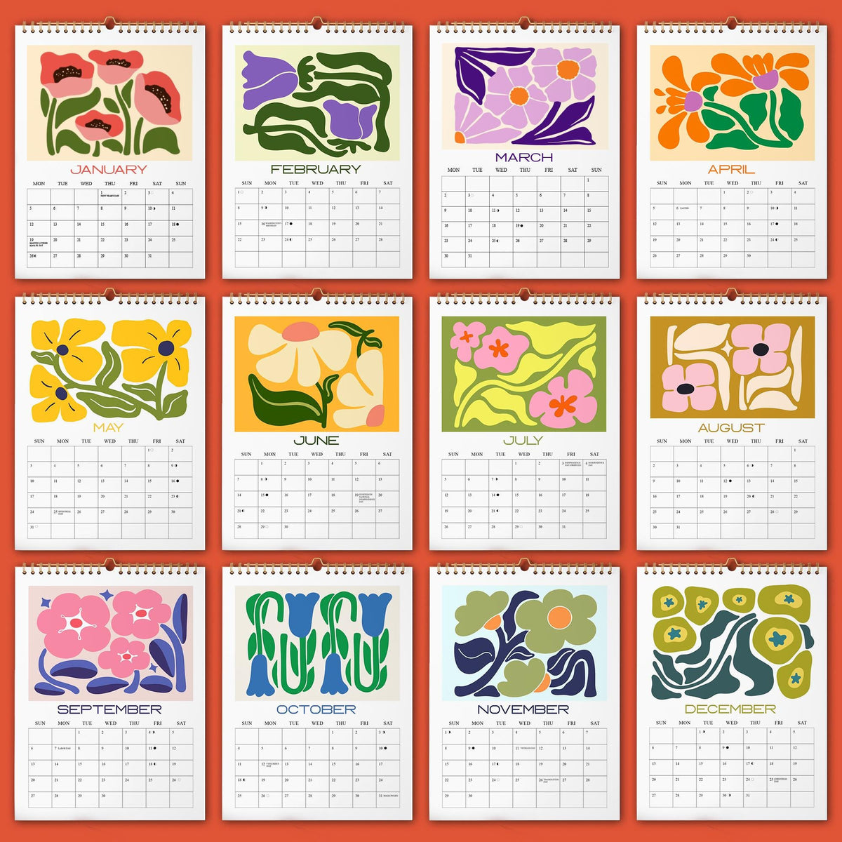 May include: A wall calendar with a spiral binding, featuring a different floral design for each month. The calendar includes the months of the year from January to December, with each month's design in a unique color palette.