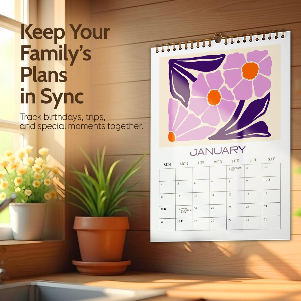 May include: A wall calendar for January with a floral design in purple, orange, and cream. The calendar has a spiral binding and a gold-colored hanger. The text "Keep Your Family's Plans in Sync" is visible.