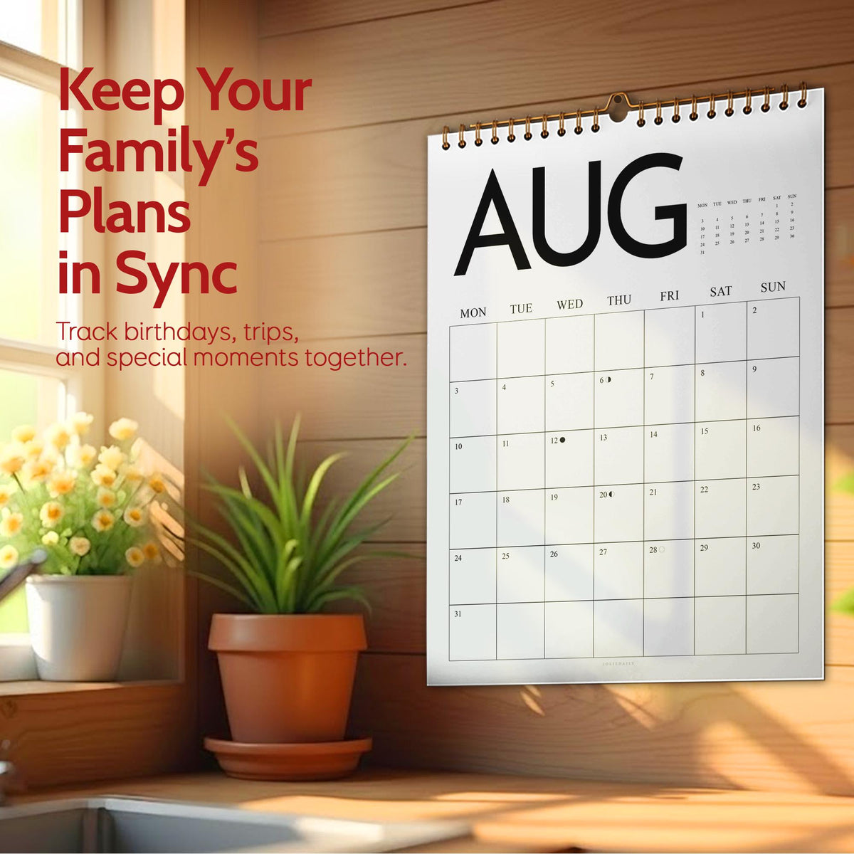 May include: A wall calendar for August, with the word "AUG" in large black letters. The calendar is hanging on a wooden wall, with a small potted plant and flowers in the foreground. The text "Keep Your Family's Plans in Sync" is visible.