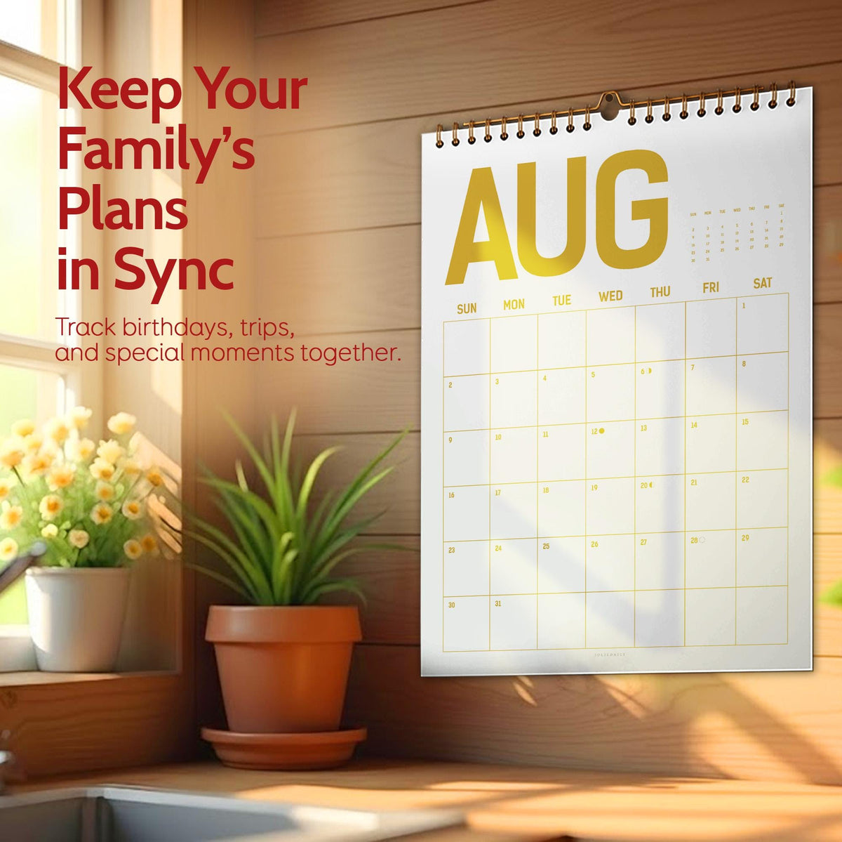May include: A white wall calendar for August with gold lettering and a spiral binding hangs on a wooden wall. The calendar is displayed next to a window and a potted plant. Text on the calendar reads "Keep Your Family's Plans in Sync."