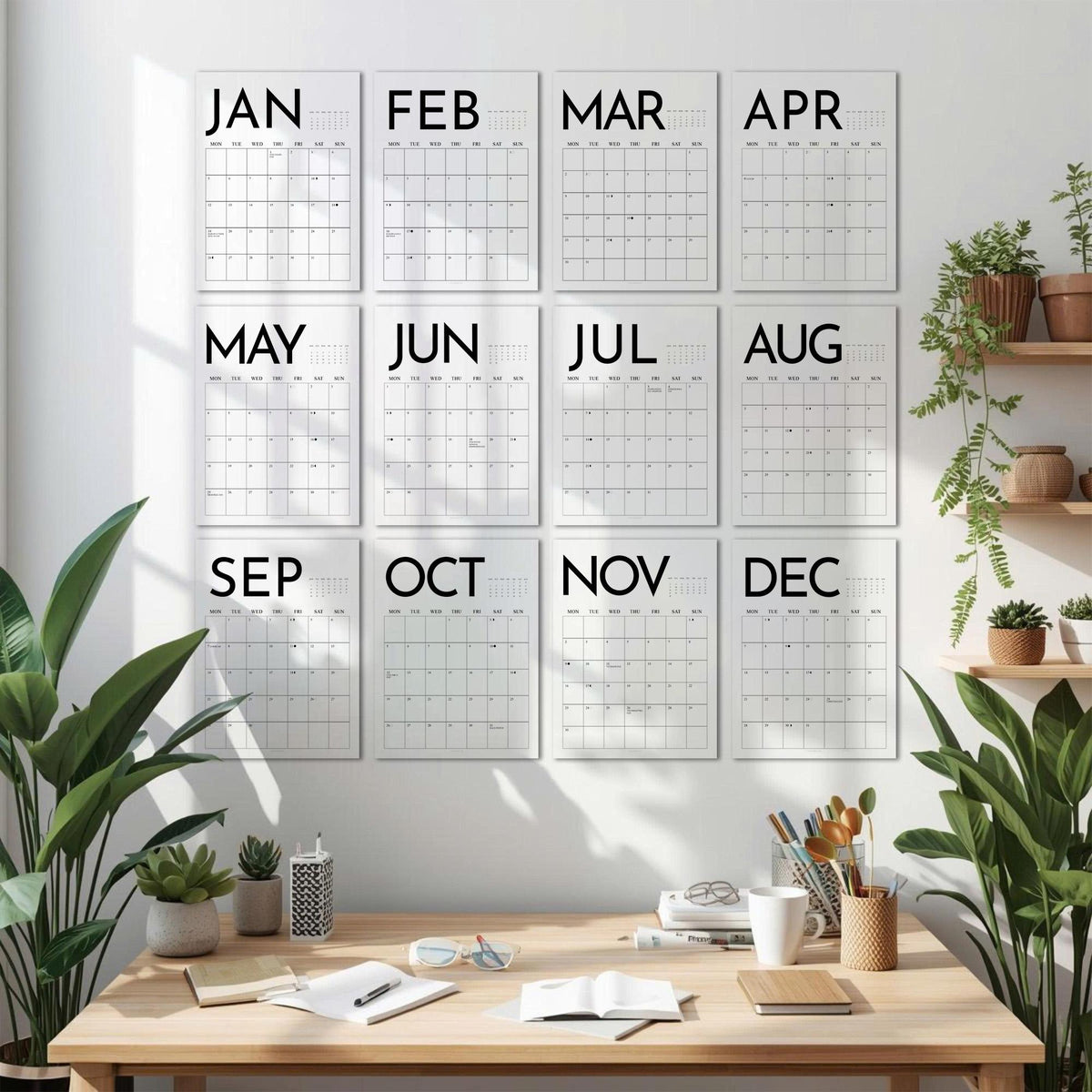 May include: A set of twelve white wall calendars, each displaying a month from January to December. The months are printed in bold black letters. The calendars are arranged on a white wall above a wooden desk with office supplies and plants.