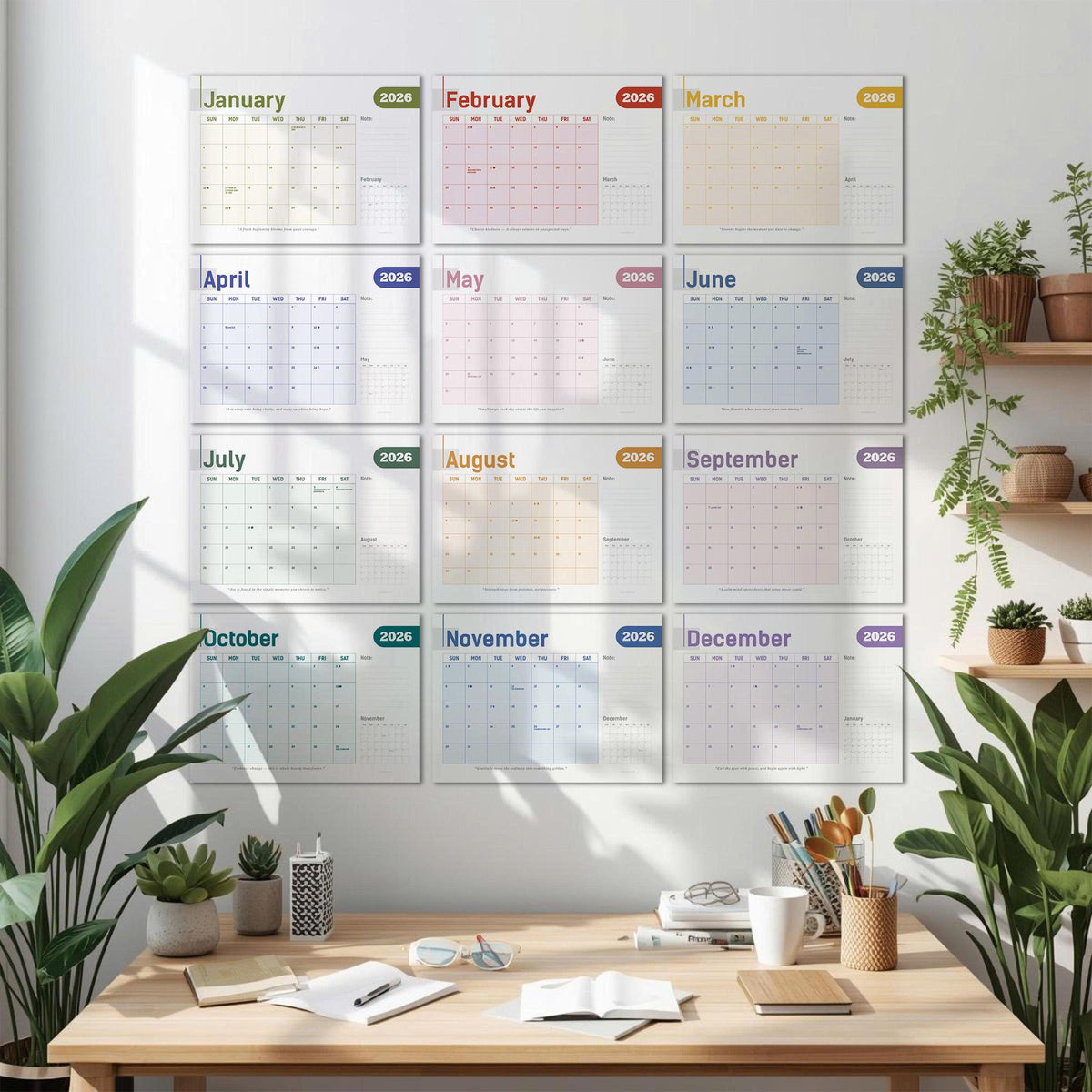 May include: A wall-mounted calendar for the year 2026, featuring individual monthly pages in a grid layout. Each month has a different pastel color scheme, with the month's name at the top. The calendar is displayed above a wooden desk with office supplies.