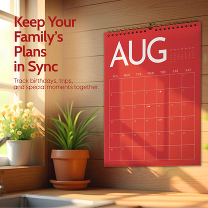 May include: A red wall calendar for August, with the month's name in large white letters. The calendar is hanging on a wooden wall, with text that reads "Keep Your Family's Plans in Sync". A potted plant and flowers sit on a nearby windowsill.