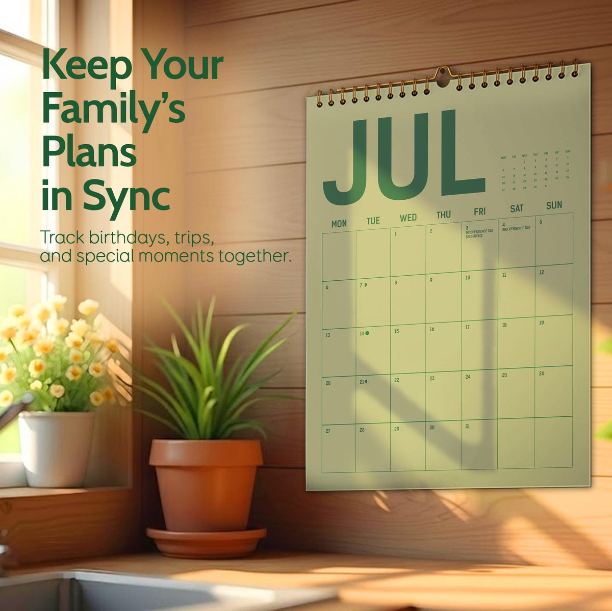 May include: A wall calendar for July with green text and a spiral binding. The calendar is hanging on a wooden wall. Text on the calendar reads "Keep Your Family's Plans in Sync. Track birthdays, trips, and special moments together."