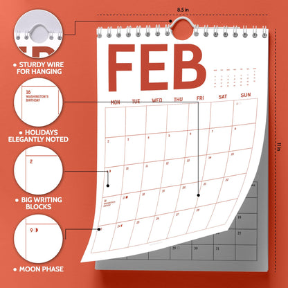 May include: A white wall calendar for February with red text and grid. The calendar has a sturdy wire for hanging and features holidays elegantly noted, big writing blocks, and moon phases. The calendar is 8.5 inches wide and 11 inches tall.