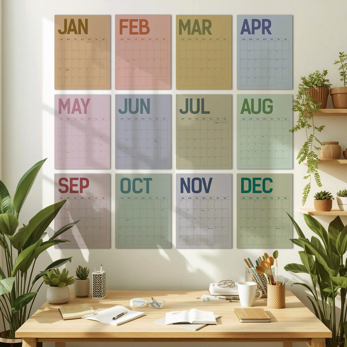 May include: A set of twelve monthly calendars, each with a different pastel color background and the month's name in a coordinating color. The calendars are displayed on a white wall above a wooden desk with plants and office supplies.