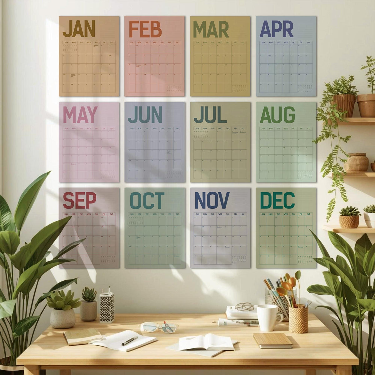 May include: A set of twelve monthly calendars, each with a different pastel color background and the month's name in a coordinating color. The calendars are displayed on a white wall above a wooden desk with plants and office supplies.