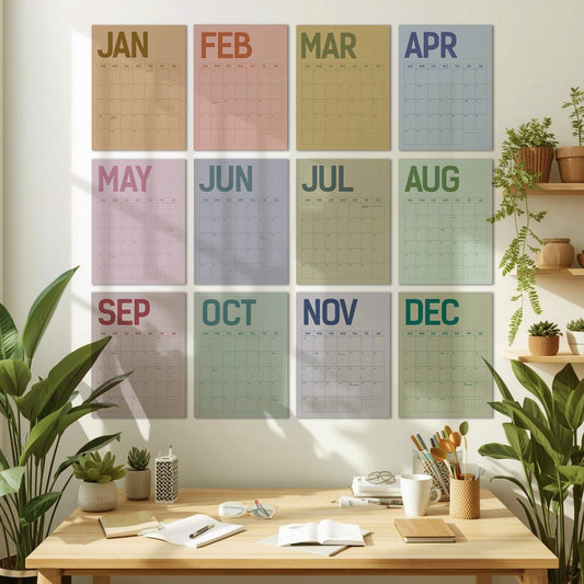 May include: A set of twelve monthly calendars, each with a different pastel color background and the month's name in a coordinating color. The calendars are displayed on a white wall above a wooden desk with plants and office supplies.