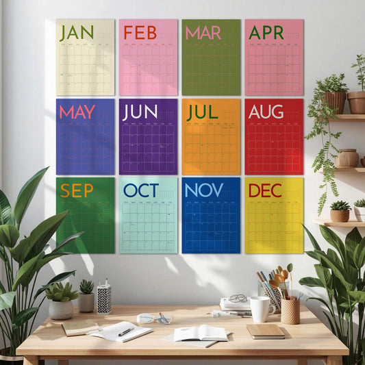 May include: A set of twelve colorful monthly calendars, each with a different background color and month name. The months are arranged in a grid, with each calendar showing a grid of dates. The calendars are hanging on a white wall above a wooden desk.