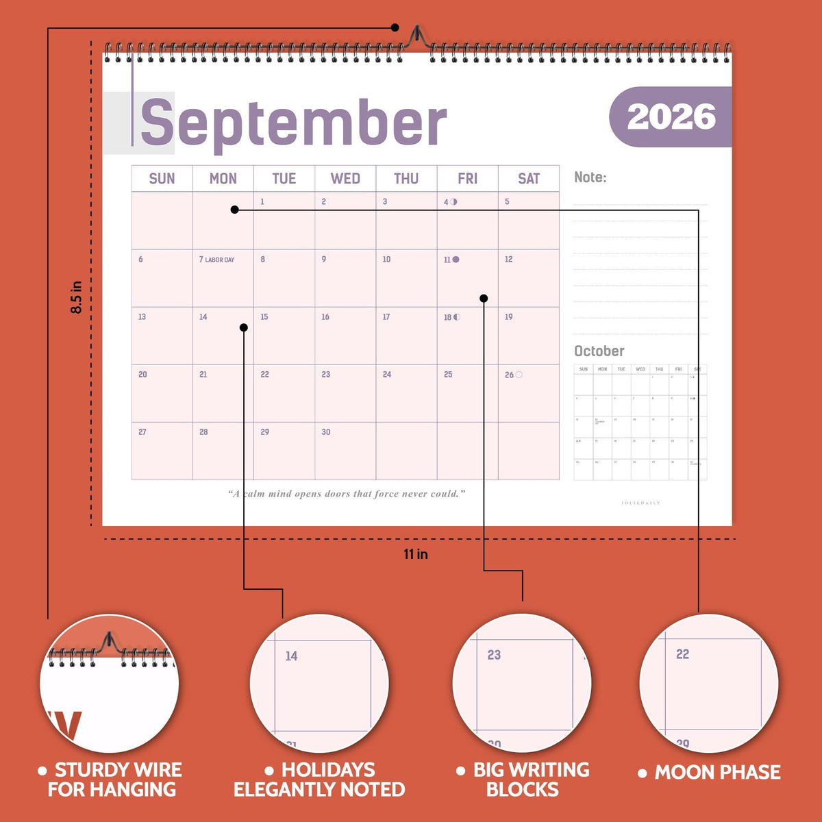 May include: A 2026 wall calendar featuring the month of September, with a light purple color scheme. The calendar has sturdy wire for hanging, holidays elegantly noted, big writing blocks, and moon phase details. The calendar is 8.5 inches by 11 inches.