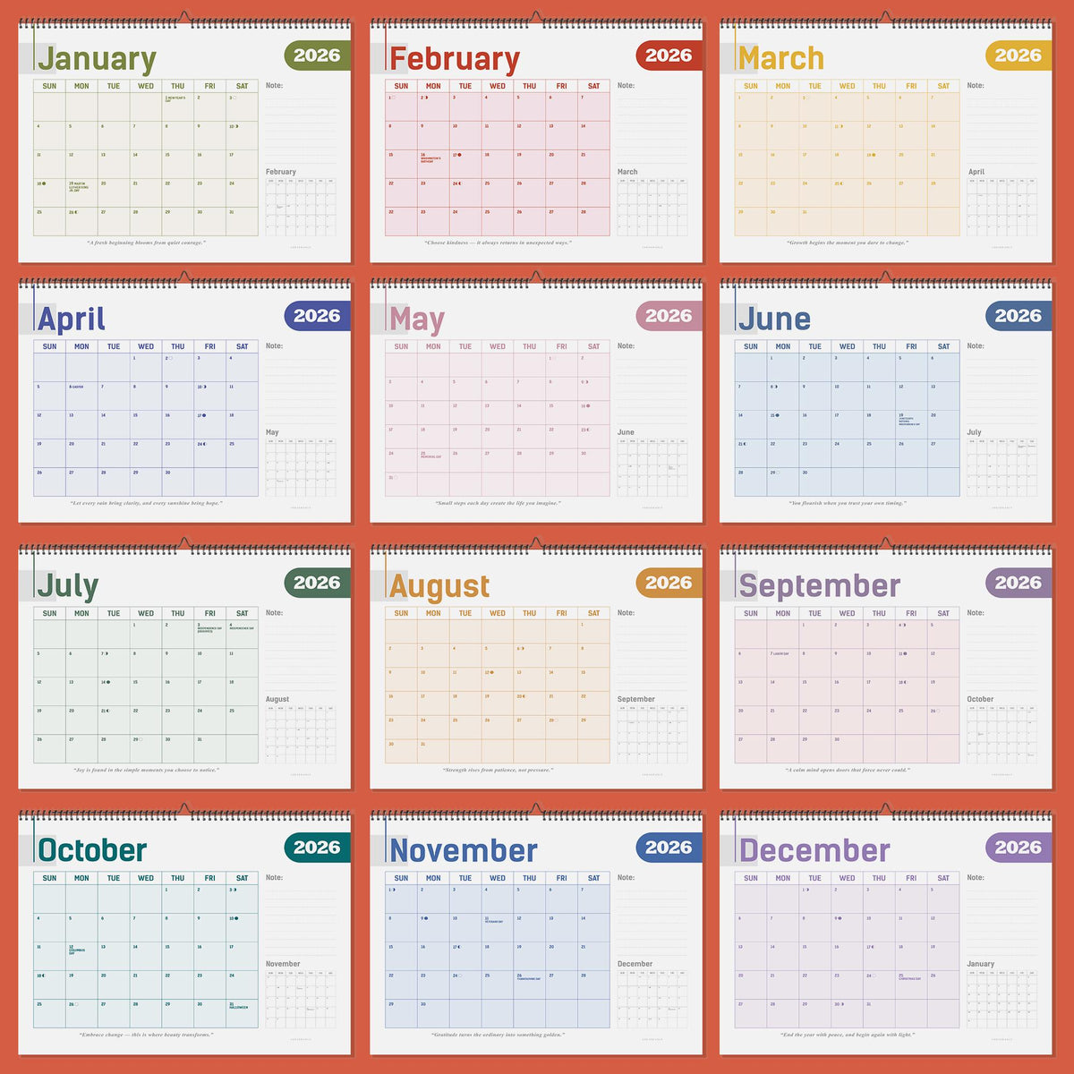 May include: A wall calendar for the year 2026, featuring a monthly layout with each month displayed on a separate page. The calendar has a spiral binding and includes the months January through December, each with a different color scheme for the month's title.
