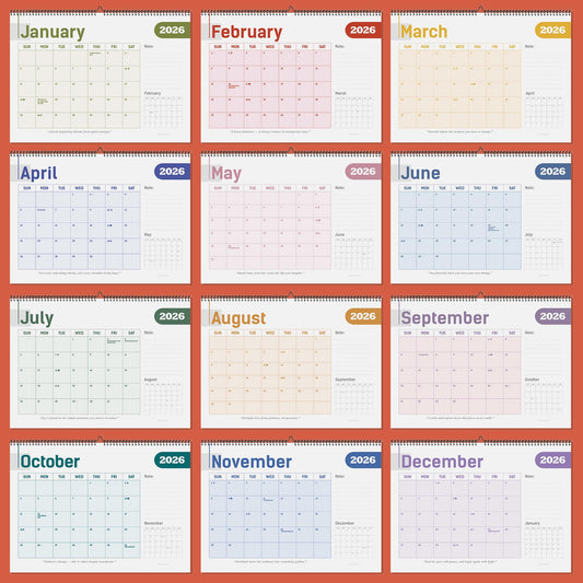 May include: A wall calendar for the year 2026, featuring a monthly layout with each month displayed on a separate page. The calendar has a spiral binding and includes the months January through December, each with a different color scheme for the month's title.