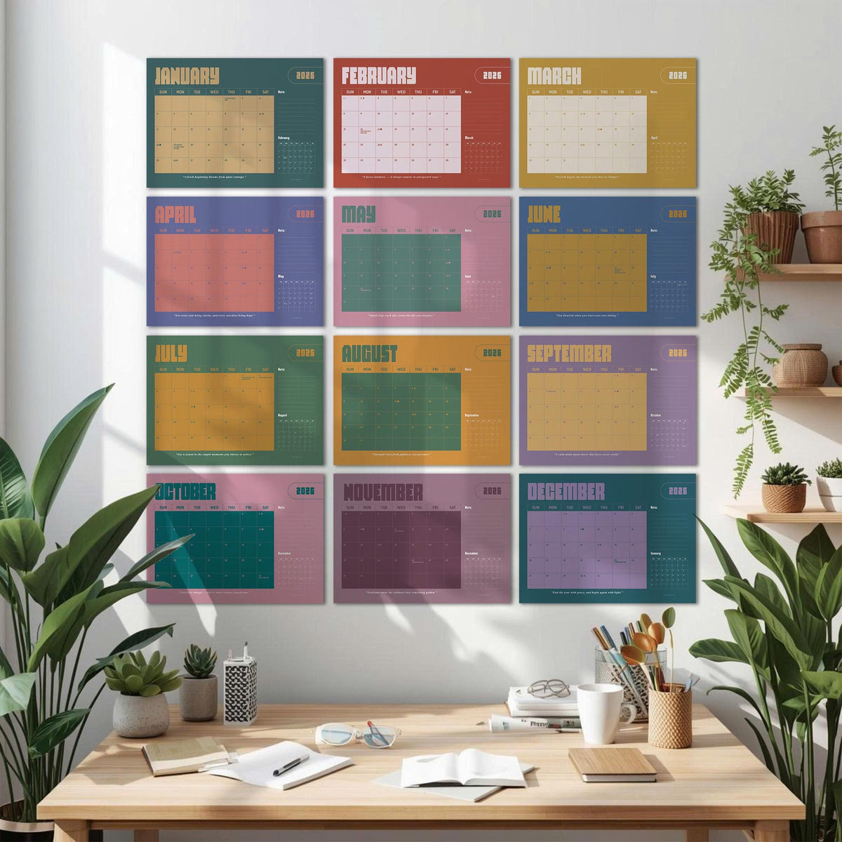 May include: A wall-mounted calendar featuring twelve monthly pages, each with a different color scheme and the month's name. The calendar has a retro design with a variety of colors, including green, red, and blue. A wooden desk with office supplies is in the foreground.