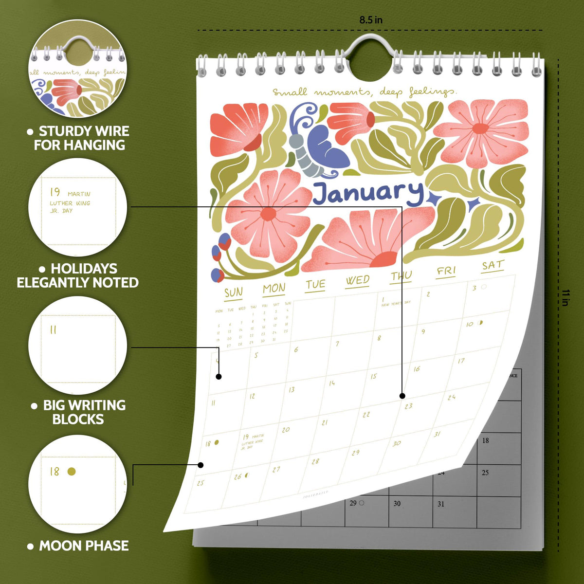 May include: A spiral-bound wall calendar featuring a floral design with pink and red flowers, green leaves, and a blue butterfly. The calendar is 8.5 inches wide and 11 inches tall, with the month of January displayed.