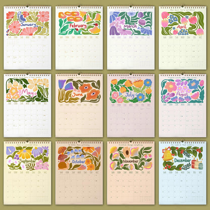 May include: A set of twelve monthly wall calendars, each featuring a unique floral design in vibrant colors. The months are labeled across the top, with a spiral binding at the top. The calendar pages have a grid layout for daily planning.