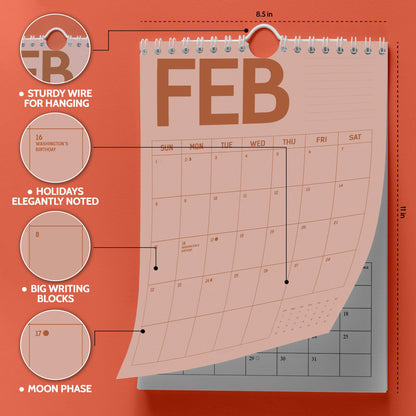 May include: A wall calendar for February, featuring a sturdy wire for hanging. The calendar is 8.5 inches wide and 11 inches tall, with large writing blocks and holidays elegantly noted. Includes moon phase details.