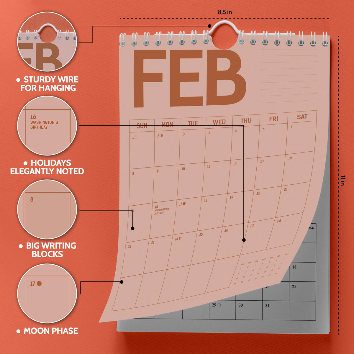 May include: A wall calendar for February, featuring a sturdy wire for hanging. The calendar is 8.5 inches wide and 11 inches tall, with big writing blocks and holidays elegantly noted. Includes moon phase details.