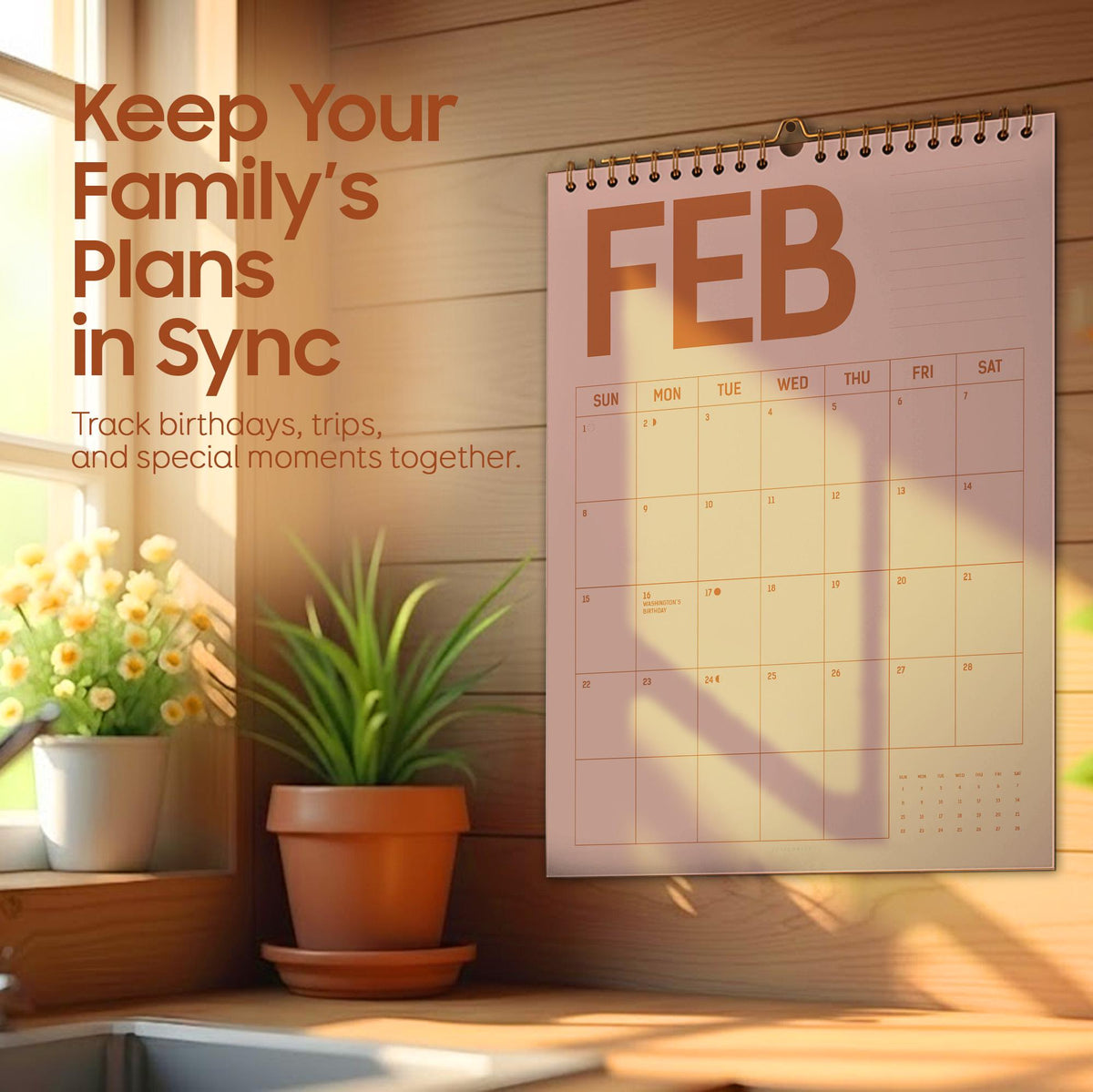 May include: A wall calendar for February with a spiral binding, hanging on a wooden wall. The calendar has a simple design with the month's name in large letters. Text on the calendar reads: Keep Your Family's Plans in Sync. Track birthdays, trips, and special moments together.