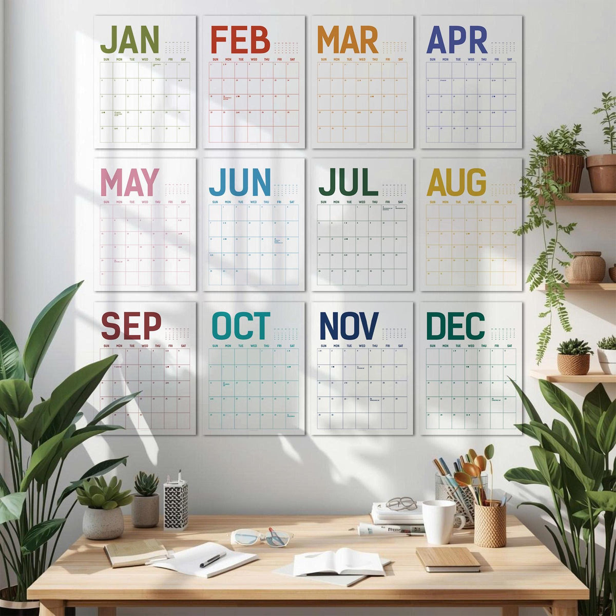 Wall Calendar: 12 Bright Color Monthly Planner | Grid for writing