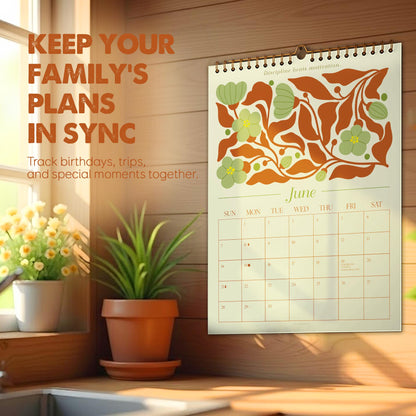 May include: A wall calendar for June with floral illustrations in orange and green. The calendar is hanging on a wooden wall. Text on the calendar reads "KEEP YOUR FAMILY'S PLANS IN SYNC" and "Track birthdays, trips, and special moments together."