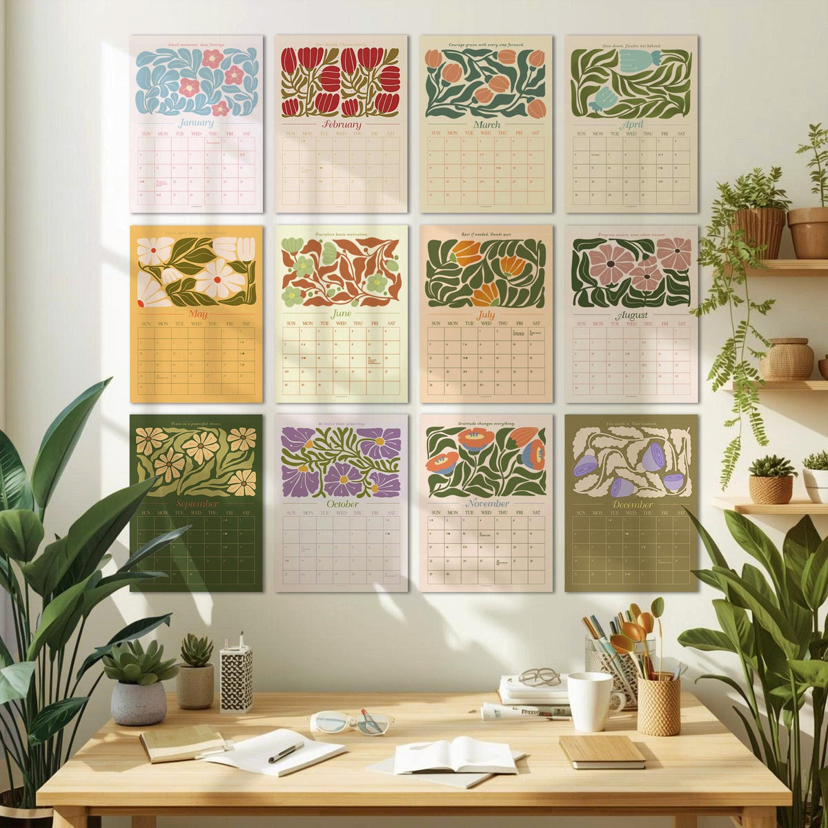 May include: A collection of twelve monthly calendars, each featuring a unique floral design in various colors. The calendars are arranged on a white wall above a wooden desk. The months are labeled at the top of each calendar.