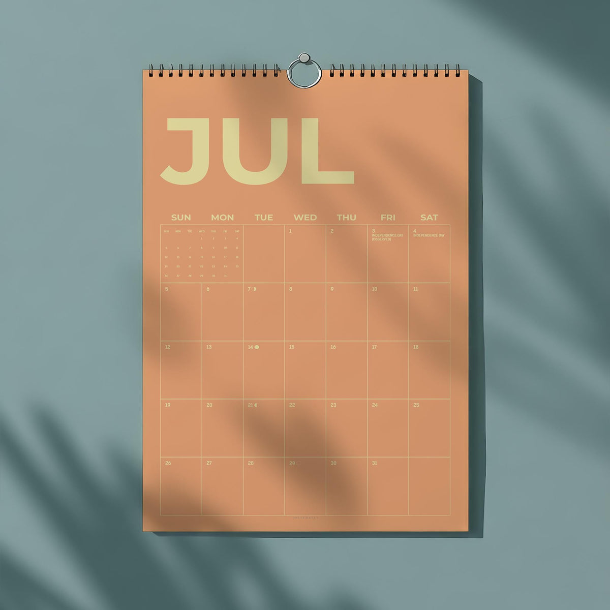 May include: A peach-colored wall calendar for July, with the month's name in large, light-yellow letters. The calendar grid is visible, with days of the week labeled across the top. A silver ring holds the calendar, which is hanging against a teal background.