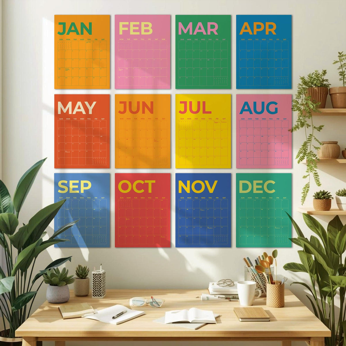 May include: A wall calendar featuring twelve colorful panels, each representing a month of the year. The panels are arranged in a grid and display the month's name in bold text. The background colors vary, including orange, pink, green, and blue.