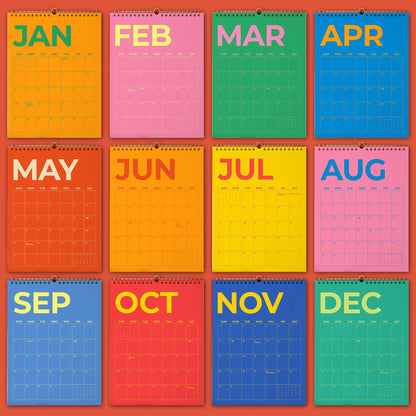 May include: A collection of twelve colorful monthly calendars, each with a different vibrant background color. The months are displayed in bold, uppercase letters. The calendars are arranged in a grid, showcasing the full year.