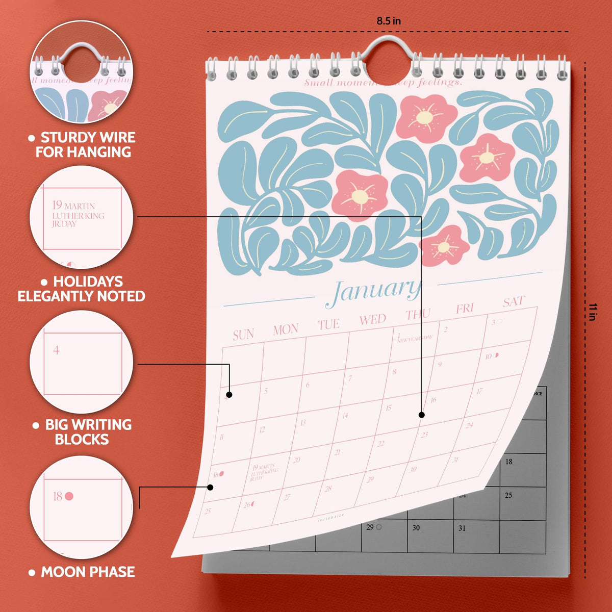 May include: A wall calendar with a floral design in blue and pink. The calendar is 8.5 inches wide and 11 inches tall. Features include sturdy wire for hanging, holidays elegantly noted, big writing blocks, and moon phase indicators.