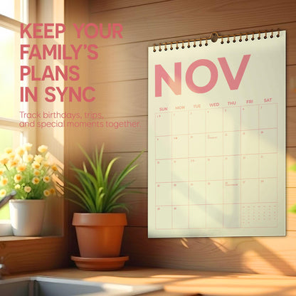 May include: A wall calendar for November with pink text and a spiral binding. The calendar is hanging on a wooden wall. The text on the calendar reads "NOV". The image also includes text that says "KEEP YOUR FAMILY'S PLANS IN SYNC" and "Track birthdays, trips, and special moments together."