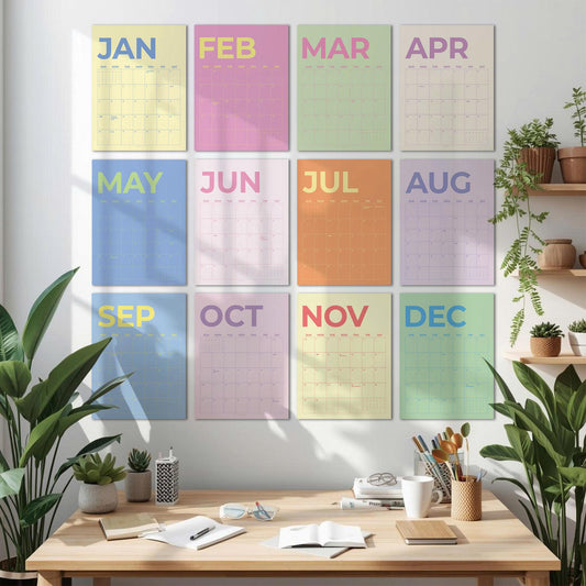May include: A set of twelve colorful monthly calendars displayed on a white wall. Each calendar features a different pastel background color and the month's name in a coordinating hue. A wooden desk with office supplies and plants is in the foreground.