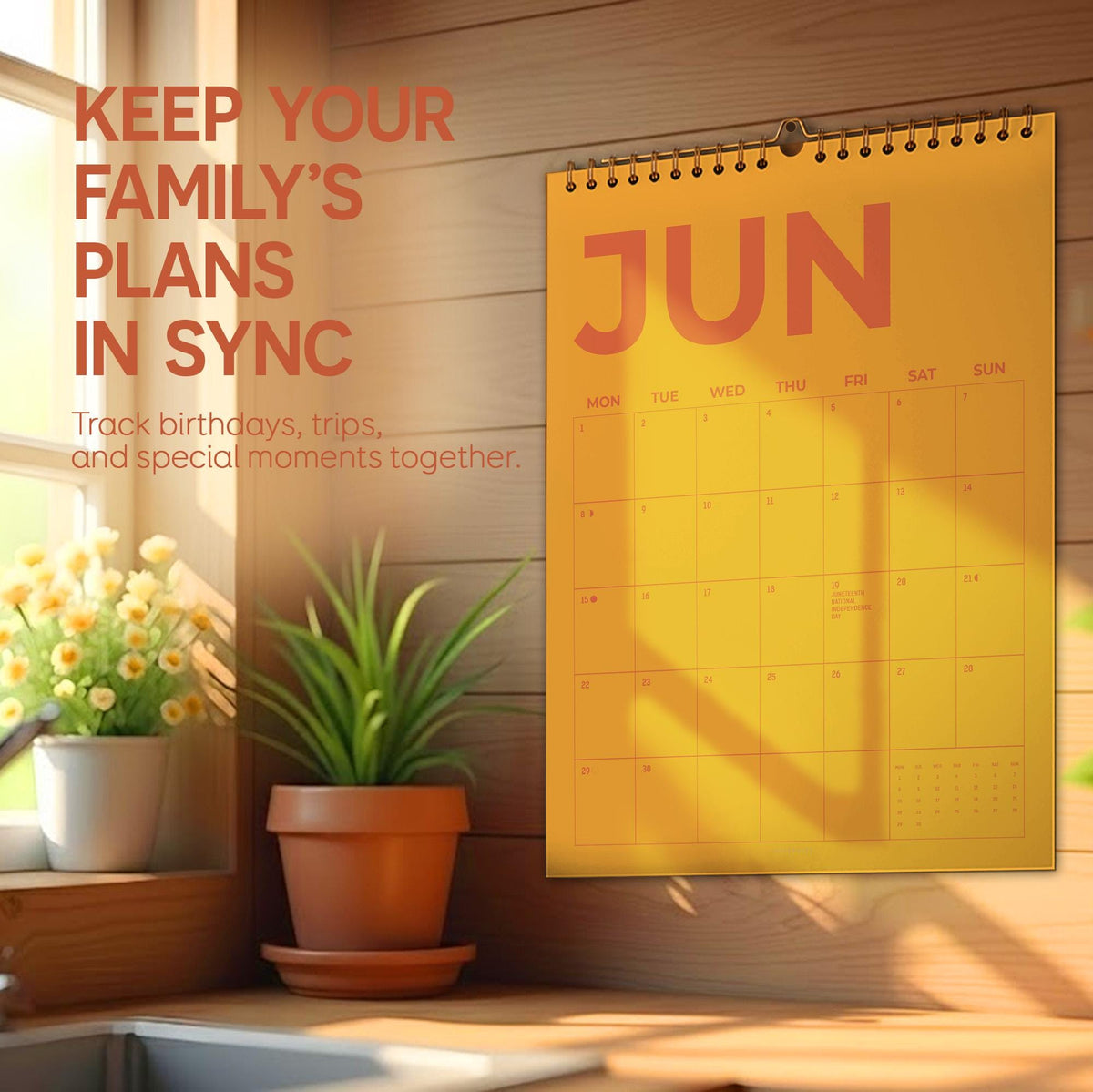 May include: A yellow wall calendar for June hangs on a wooden wall. The calendar has a spiral binding and features the days of the week. Text on the calendar reads "JUN". The image also includes text that says "KEEP YOUR FAMILY'S PLANS IN SYNC".